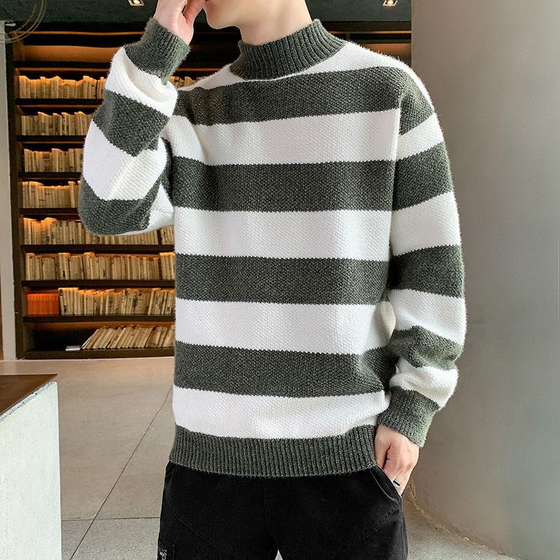 High Collar Sweater Men's Striped Sweater Teen Students Thickened Pullover