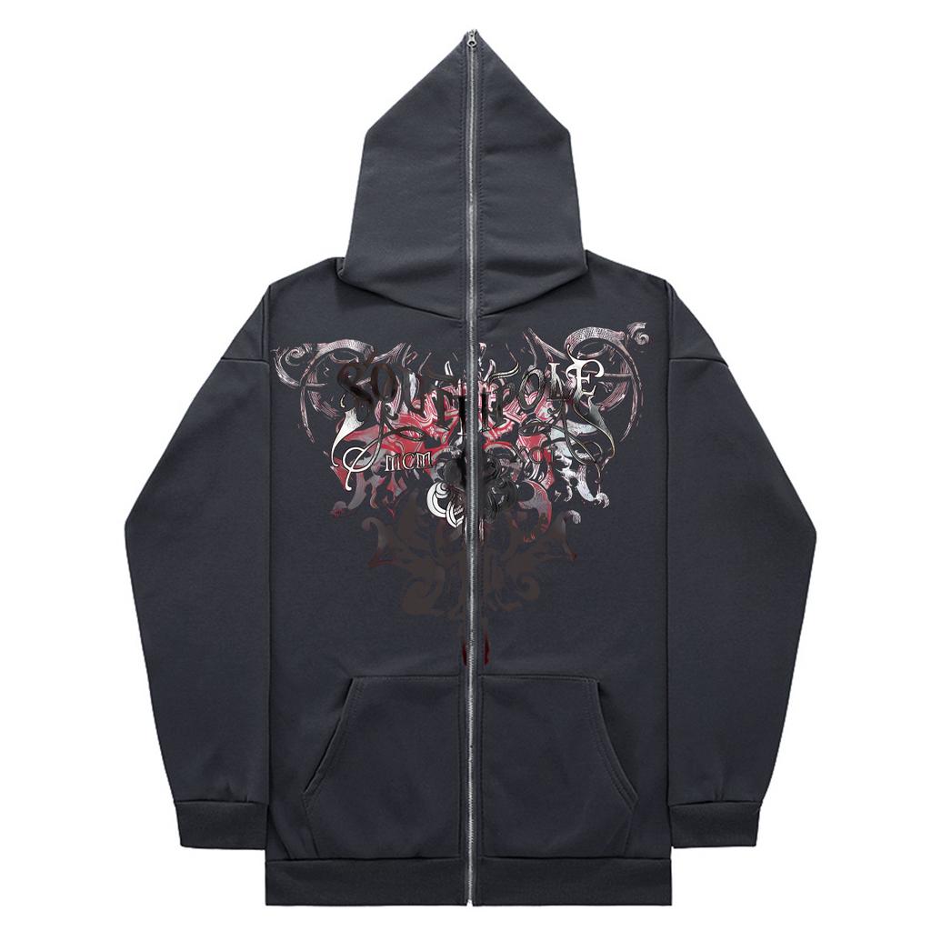 Unisex Fleece Hoodie Sweater Gothic High Street Full Zip Oversized Coat Men's and Women's Streetwear Y2