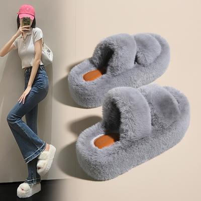 Furry Platform Slippers Women's Shoes Sandals Plush Slippers Women's Autumn And Winter Outer Wear Thick Bottom Home Soft Warm Cute Slipper