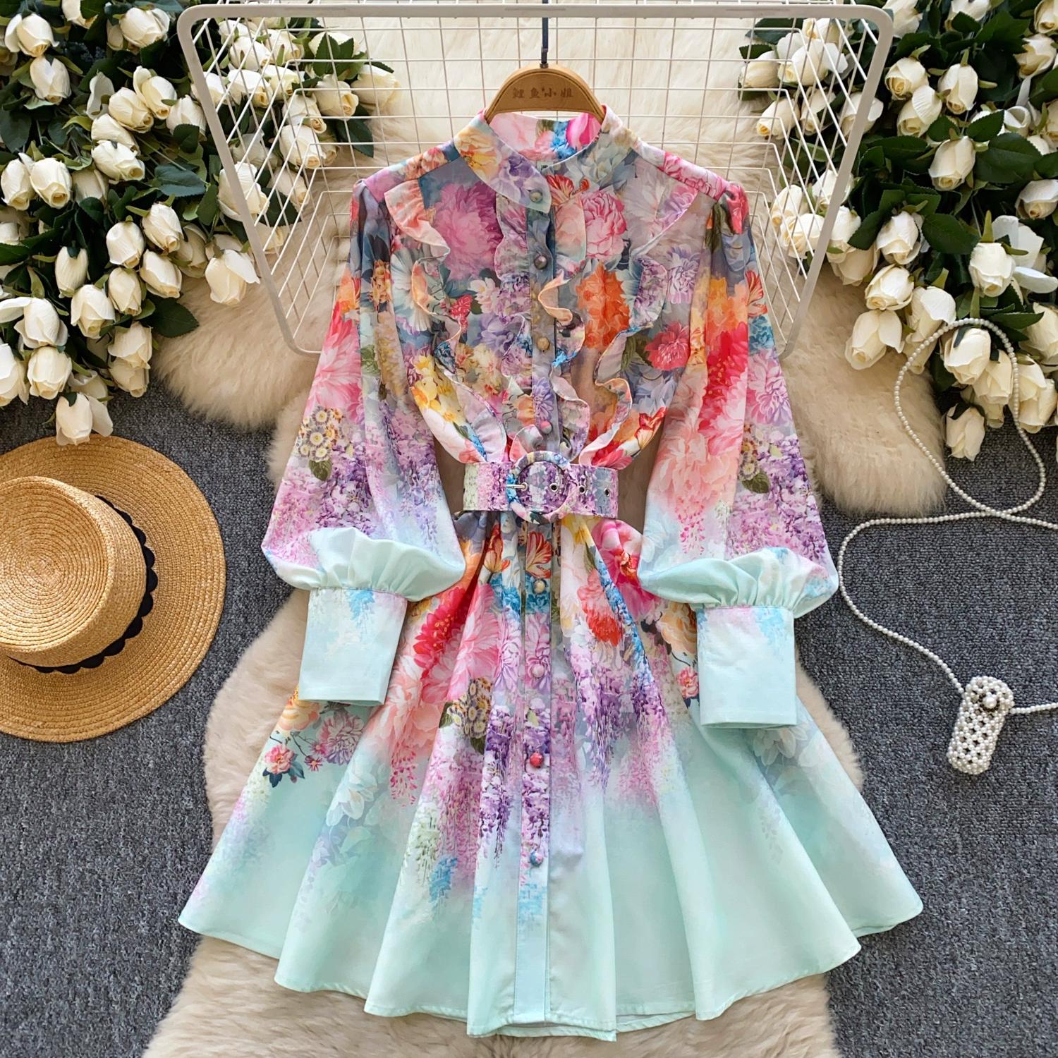 

Весна-лето Женские однобортные рубашки с принтом и оборками, мини-короткие вечерние платья с поясом 2XL синий