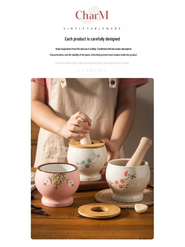 Ezme ve Öğütme İçin Ahşap Tokmaklı Seramik Sarımsak Ezici Havan ve Tokmak Seti