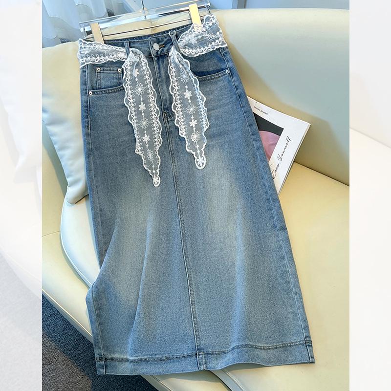 

Женская винтажная юбка миди из светлого денима с кружевом, с высокой талией - Коллекция весна/лето 2025 2XL (125-135 jin) светло-синий