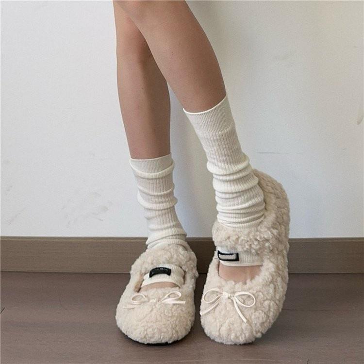 French velvet thick-soled Mary Jane fluffy shoes for winter wear with skirts, thickened thermal cotton shoes 35