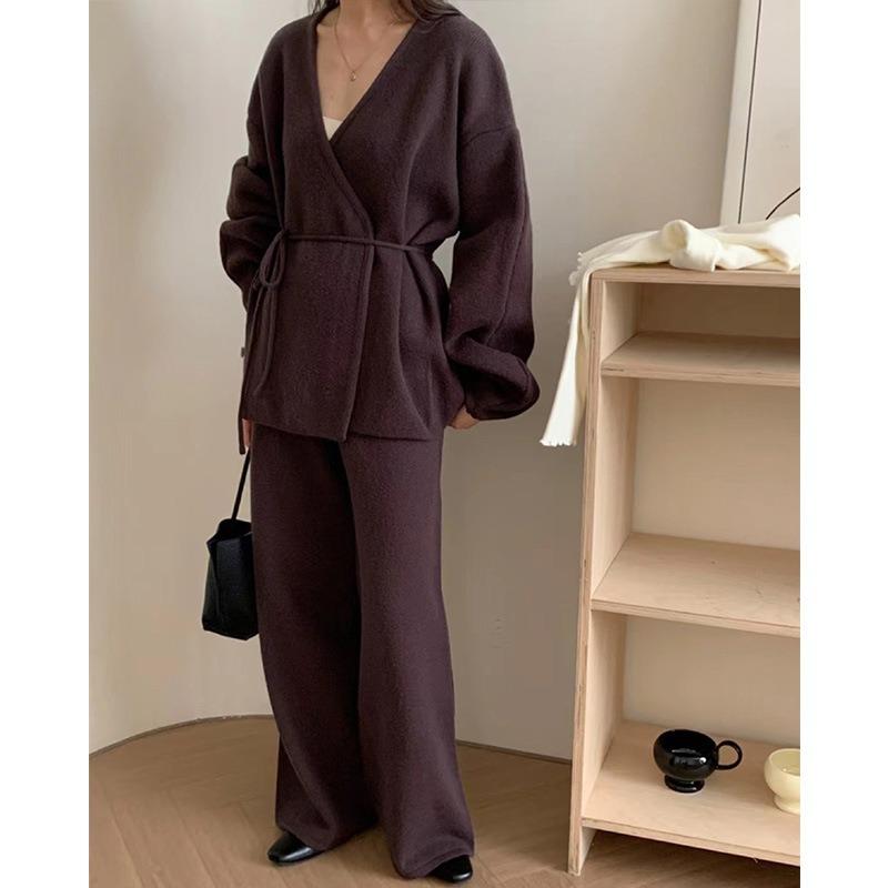 Autumn and Winter V-neck Lazy Wind Set Sweater Women's New Casual Wide-leg Pants Lace-up Knitted Cardigan Two-piece Set