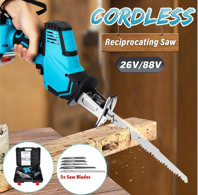 250W 13000mAh 26V/88V Cordless Reciprocating Saw+5 Saw Blades Metal Cutting Wood Tool Portable Woodworking Cutters Blue