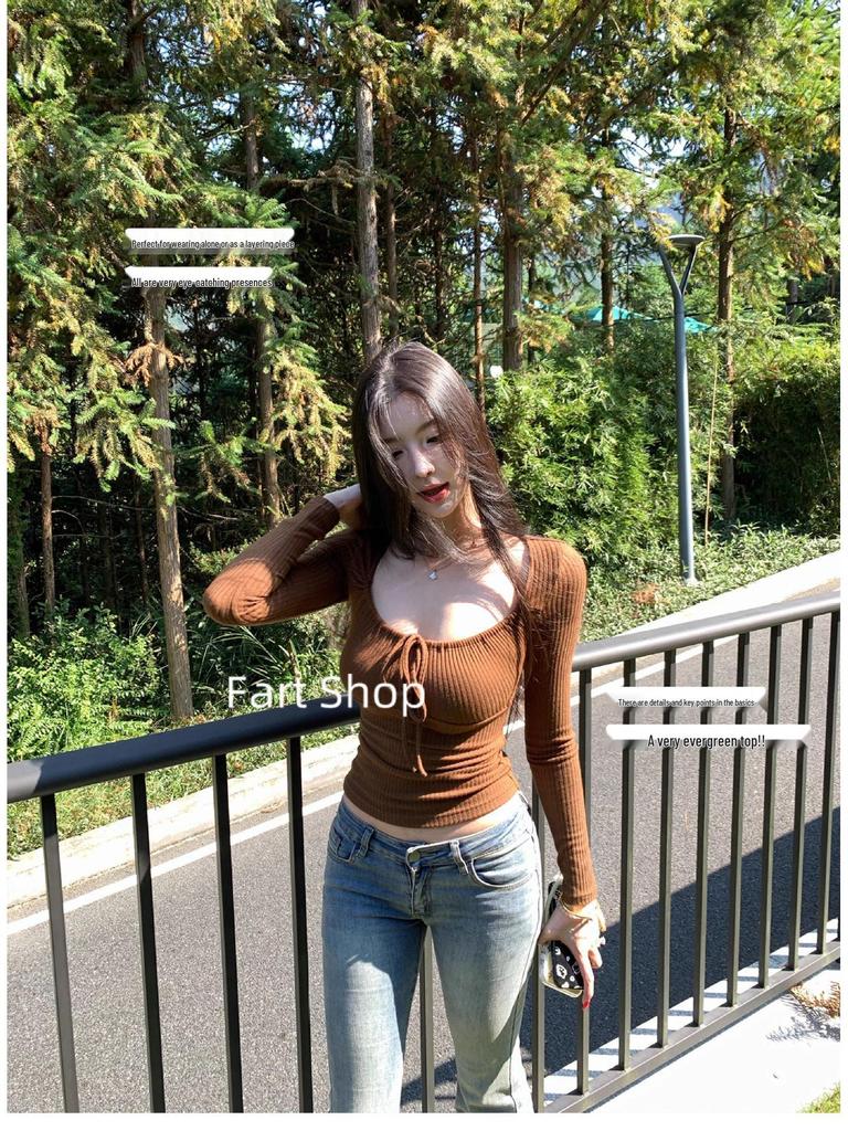Trendy Coffee Square-Neck Lace-Up Long-Sleeve Women's Winter Top