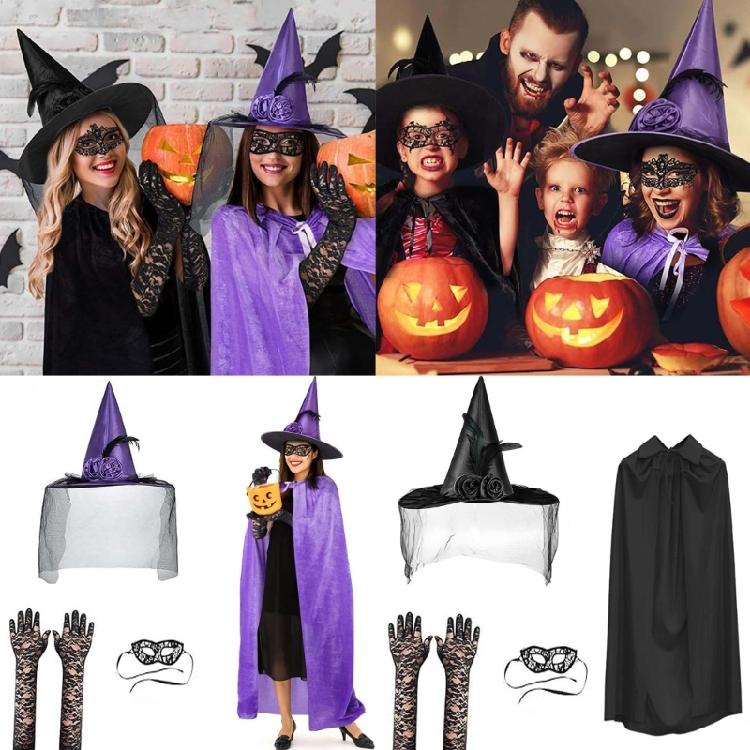 Women Witch Cloak Witch Hat Half Veil Long Gloves Eye Mask Adult Witch Costume Accessory for Women Halloween Cosplay