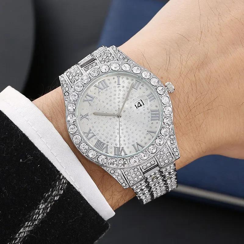 3pcs/set 15mm Necklace+Bracelet+Watch Cuban Chain Watch Hip Hop Miami Curb Iced Out Paved Rhinestone Rapper Cuban Men Jewelry
