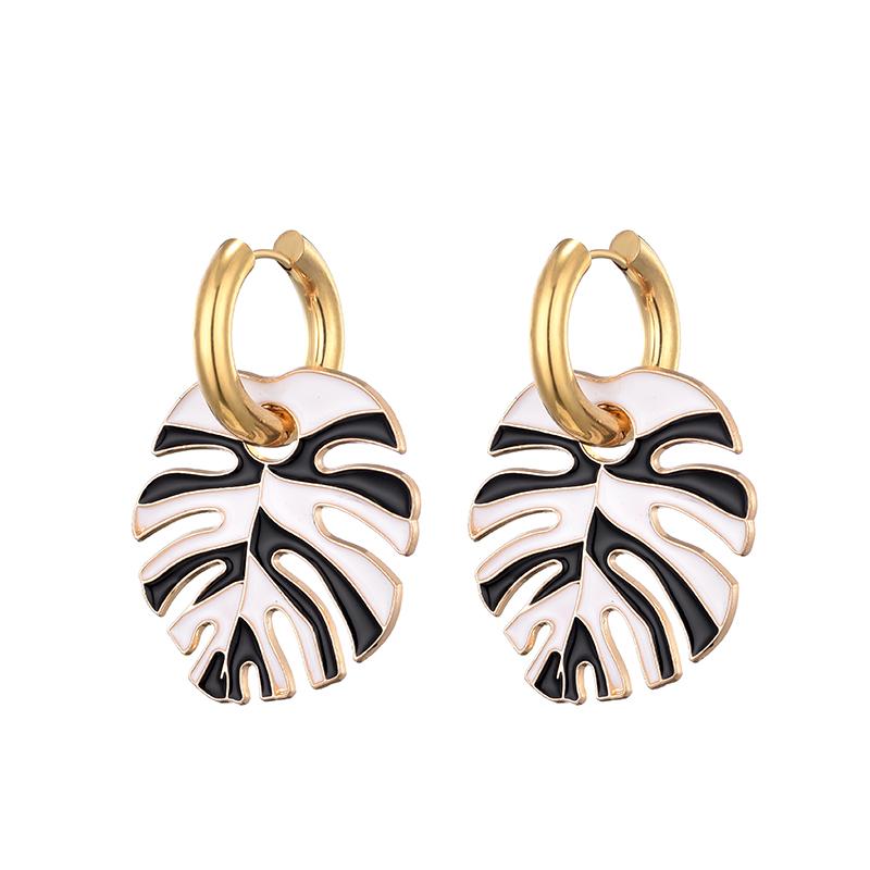 

Colorful Big Leaf Pendant Gold Color Stainless Steel Earrings For Women Jewelry Vintage Statement Enamel Round Hoop Earrings