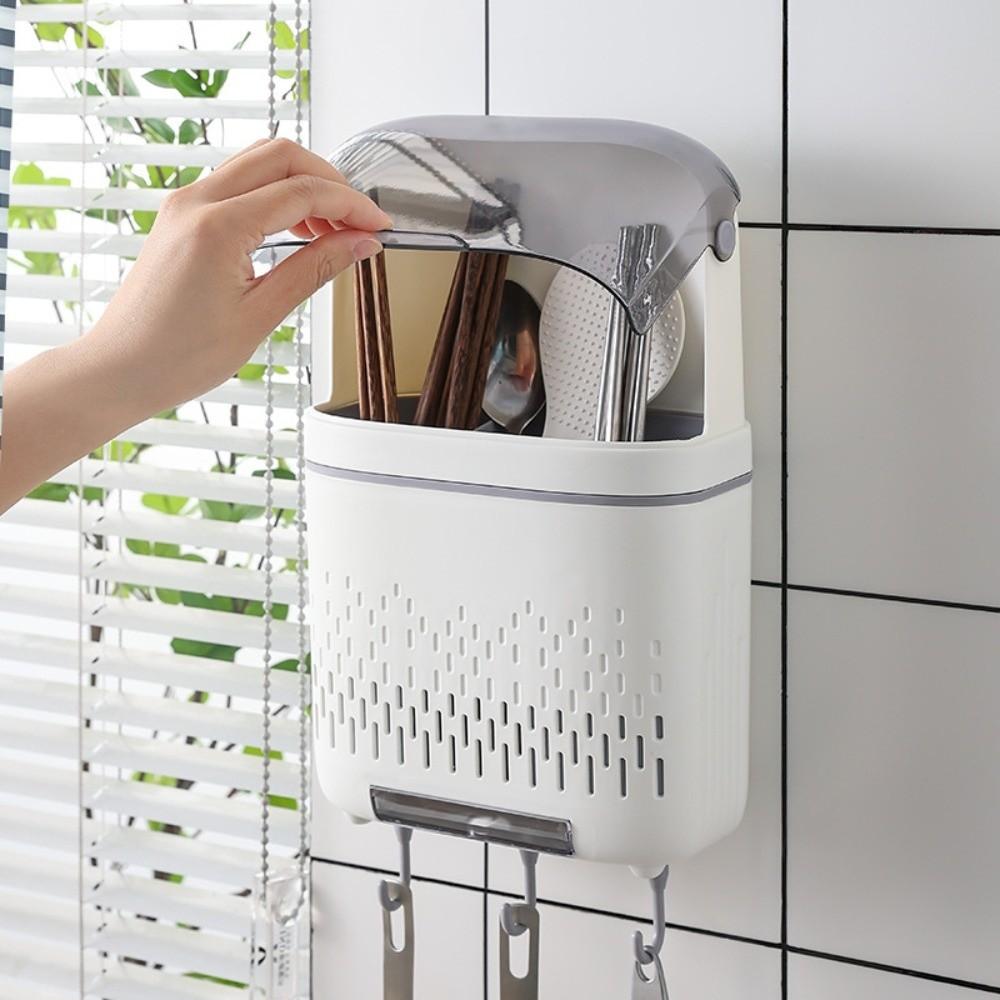 Dustproof Spoon Fork Chopstick Storage Box Wall-Mounted Drain Rack with Cover  Home Storage