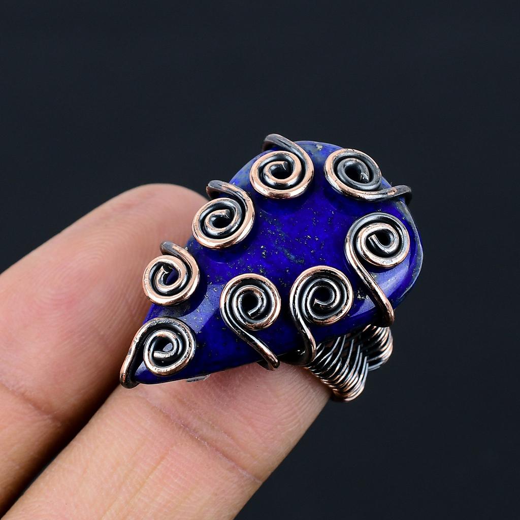 Natural Lapis Lazuli Gemstone Handmade Copper Wire Wrap Ring Size 5.5 e0A98