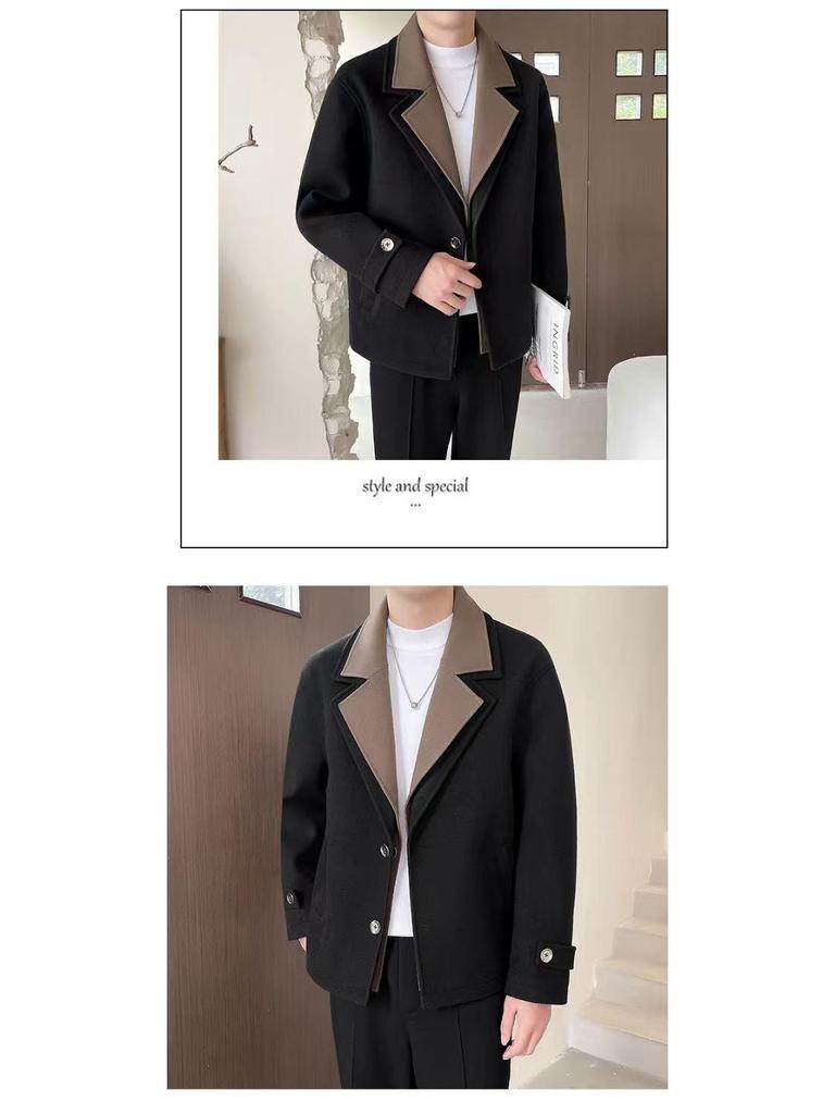 Men's High-End Street Style Wool Coat - Thickened Double-Layer Collar, Color Block Casual Patchwork for Autumn/Winter