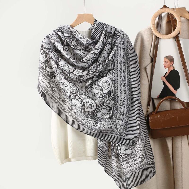 Fashion Women's High-end Sense Retro Printing Thin Silk Scarf Scarf Cotton and Linen Feel Spring and Autumn Warm Sunscreen Scarf