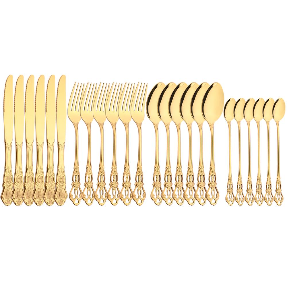 24Pcs Dinnerware Set Multicolor Cutlery Set Western Stainless Steel Tableware Vintage Knife Fork Long Ice Spoon Silverware Set