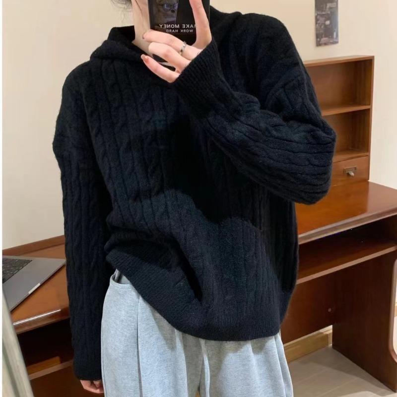 Autumn and winter new twist sweater women's hooded pullover retro lazy loose soft waxy knitted sweater sweater top women