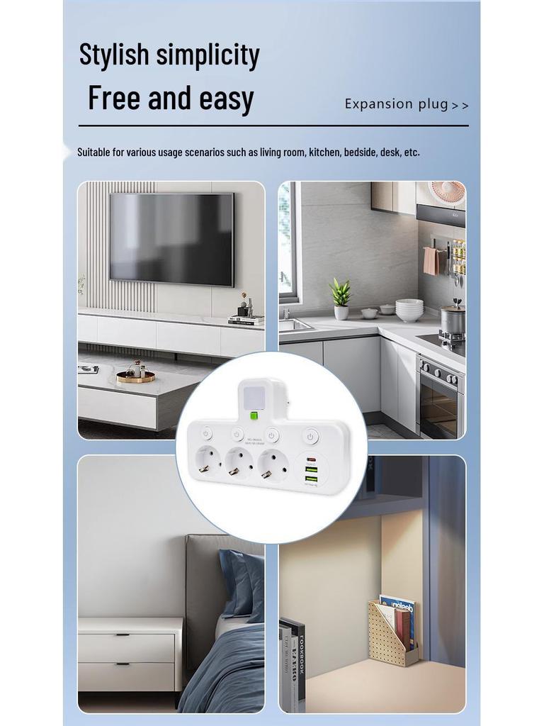 Tomada Europeia 16A 3-em-1 com Interruptor Individual e Luz Noturna, Certificado CE Adaptador Francês/Europeu