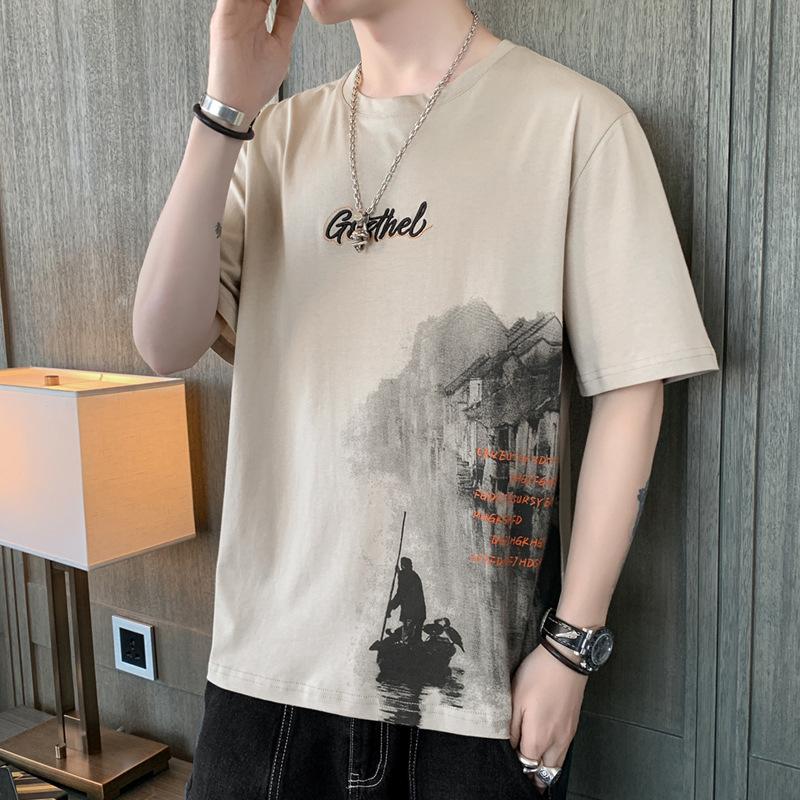 Short Sleeved T-shirt for Men's Thin Summer Trend Ink Style Half Sleeved Casual and Handsome Fashion Top