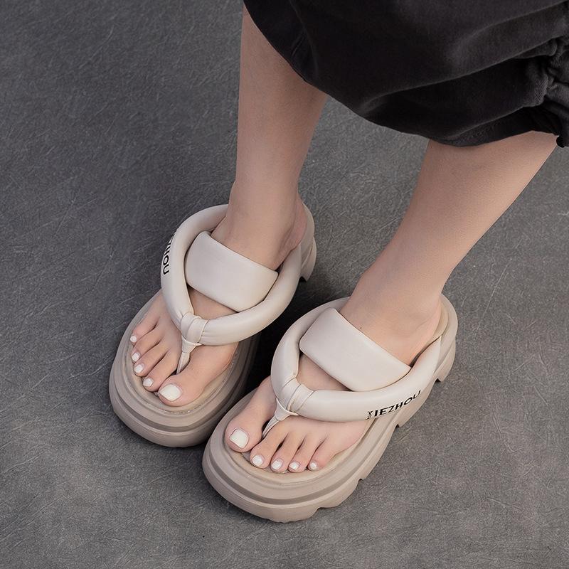 Fashion GKTINOO Thick Soled Sheepskin Flip Flops Leather Fashion Sandals Slippers Mary Jane Platform Women Summer Flats Loafer Shoes