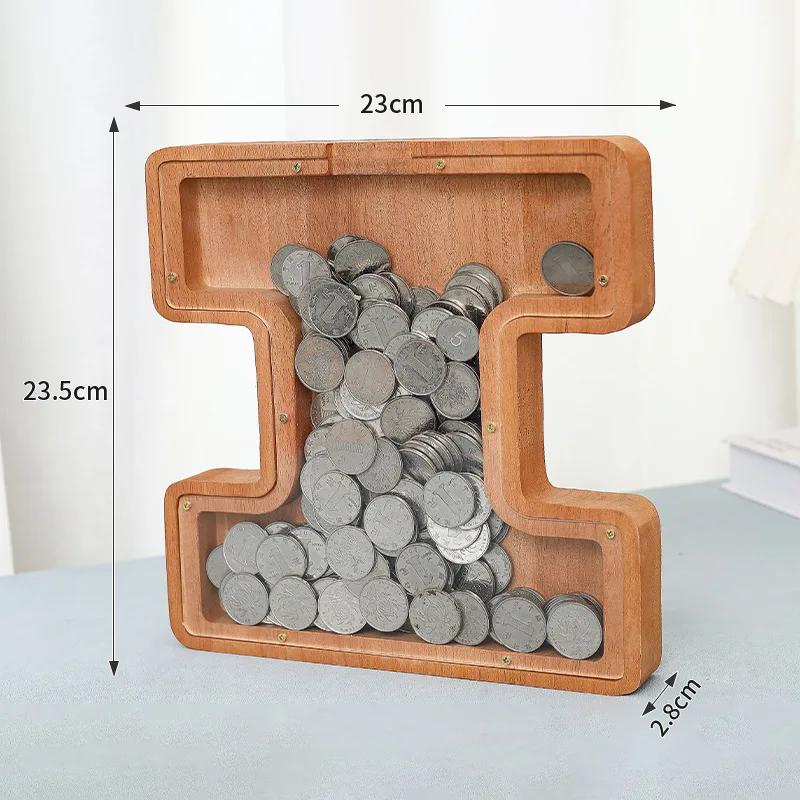 23cm Large Size Twenty-six Letter Piggy Bank Wooden Coin Money Saving Box Jar Coin Storage Box Desktop Ornament Home Decor Craft