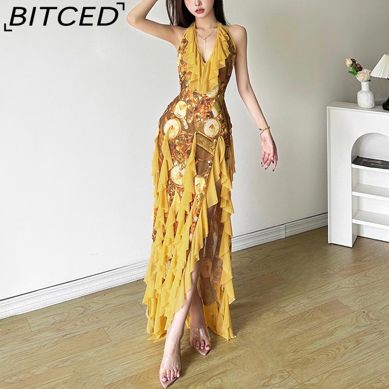 BITCED Sommer Sexy Rüschen Resort-Stil Neckholder Kleid für Frauen