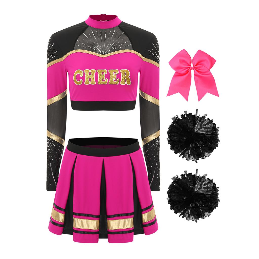 Damen Cheerleading Performance Tanz Outfit Langarm Stehkragen Strass Crop Top Faltenrock Haargummi Set