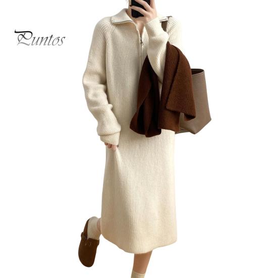 

Зимнее платье-свитер с отложным воротником на молнии, длинные рукава, свободное трикотажное платье миди с однотонной полосатой текстурой абрикосовый