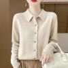 Spring Autumn Women's Wool Cardigan Solid Color Polo Collar Knitted Cardigan Long Sleeve Slim Fit Stretch Wool Cardigan