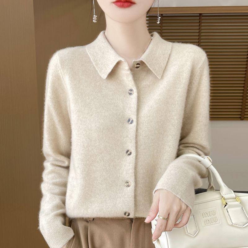 Spring Autumn Women's Wool Cardigan Solid Color Polo Collar Knitted Cardigan Long Sleeve Slim Fit Stretch Wool Cardigan