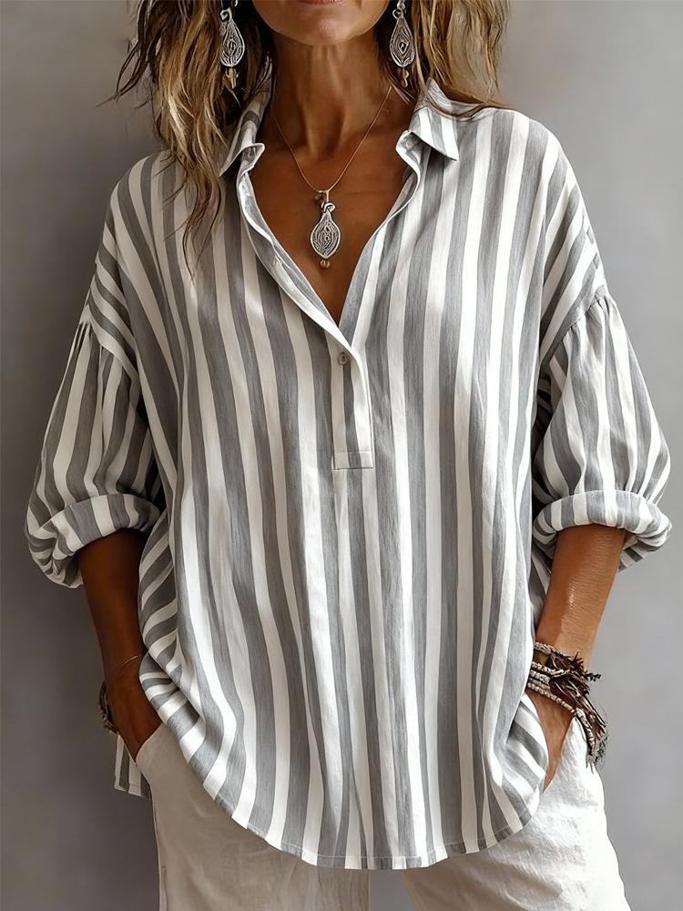 Women s Oversized V Neck 3/4 Sleeve Striped Shirt in 4 Colors S серый