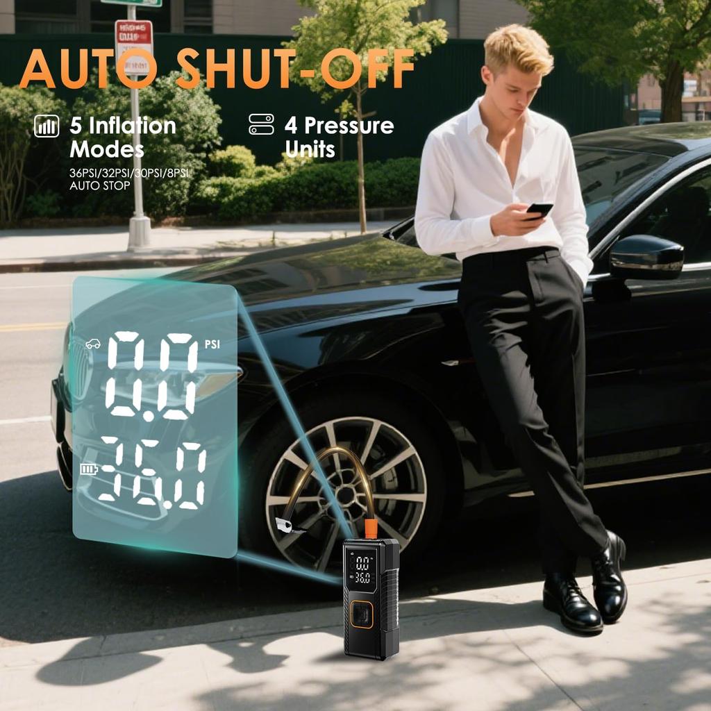 Portable Tire Inflator 150PSI Cordless Air Pump 12V DC with Gauge, Auto Shut-Off, LED Light for Car, Motorcycle, Bike