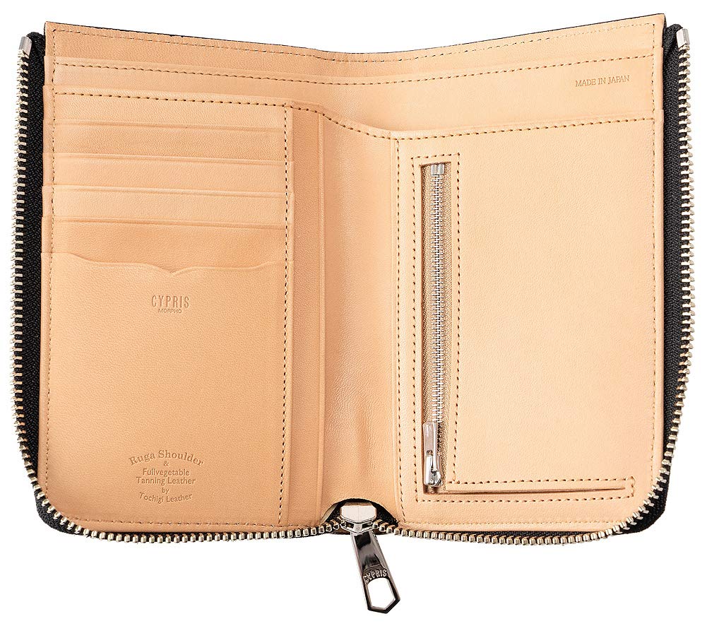 Geldbörse Luga Umhängetasche Vollpflanzlich gegerbtes Leder 6281 Schwarz [CYPRUS] Zweifach faltbar (Vertikaler L-förmiger Reißverschluss) &