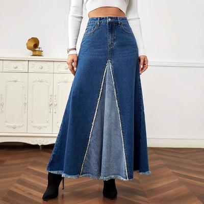 Women's Vintage Full Length Denim Skirts High Waisted Frayed Raw Hem Flared A Line Maxi Jean Skirts Pleated Flowy Swing Denim Long Skirts for Women
