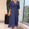 Abito da sera lungo in chiffon da donna con scollo a V incrociato, maniche a sbuffo a metà manica, vita decorata con perline