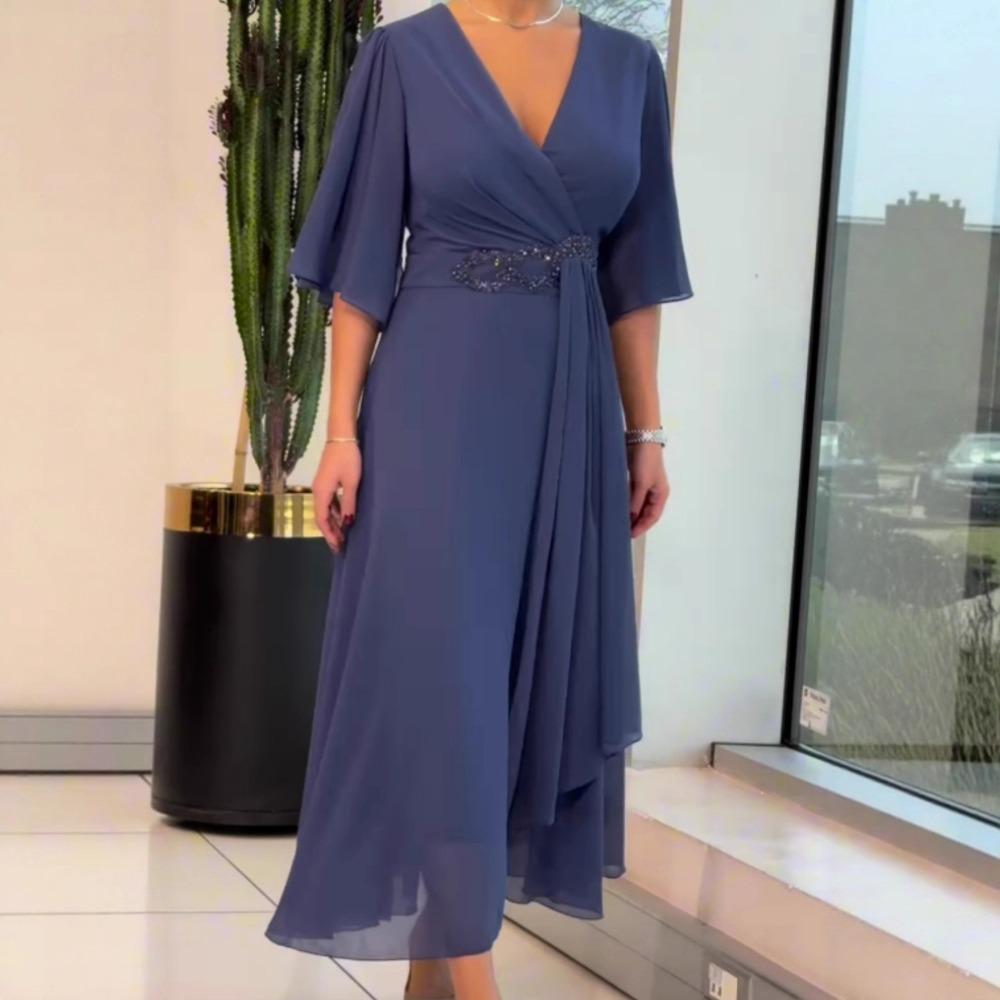 Abito da sera lungo in chiffon da donna con scollo a V incrociato, maniche a sbuffo a metà manica, vita decorata con perline