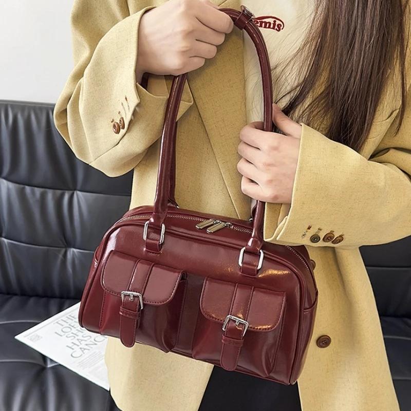 Retro PU Leather Double Pockets Underarm Bags For Women 2026 Winter Y2K New Korean Fashion Female Shoulder Bag Stylish Handbags