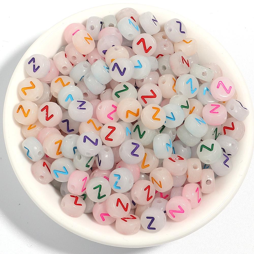 100Pcs/Lot 7mm Acrylic Luminous Beads Translucent Colorful Letter A-Z Flat Round Beads Diy Fashion Bracelet Necklace  Jewelry
