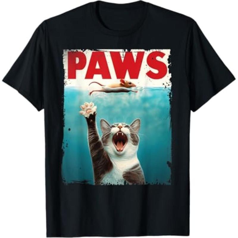 100% Cotton Summer T Shirts PAWS Parody Cat Mouse Humorous Cat Chasing Mouse Kit XL