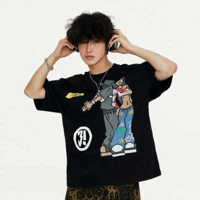 Anime Cartoon Casual Short Sleeved T-shirt, Unisex Instagram Street Trend, Summer Loose Fitting Pure Cotton Quarter Sleeved T-shirt