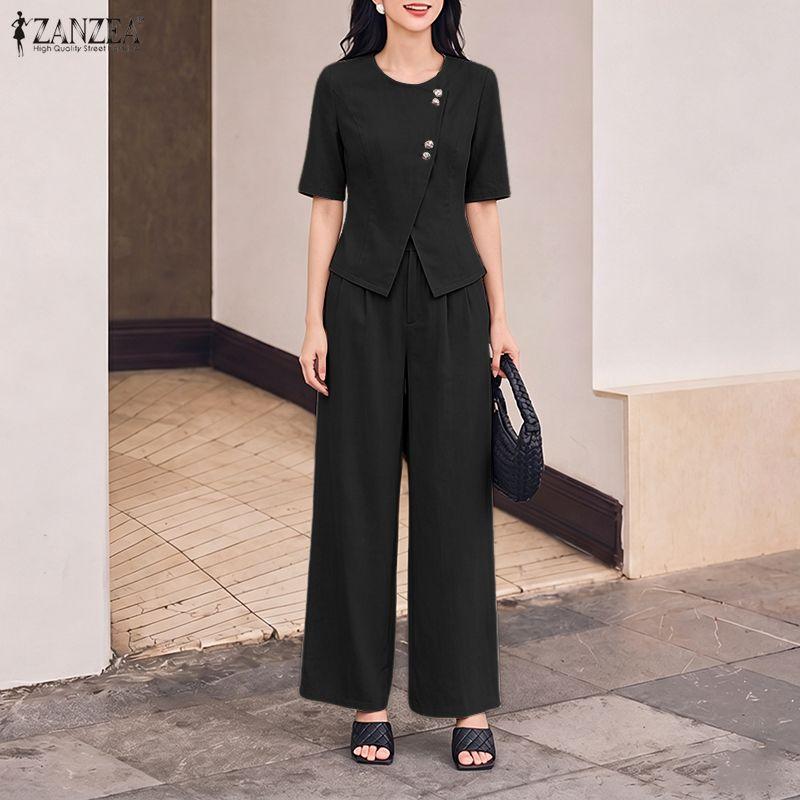 ZANZEA Completo estivo da donna a due pezzi con camicetta a maniche corte e pantaloni lunghi