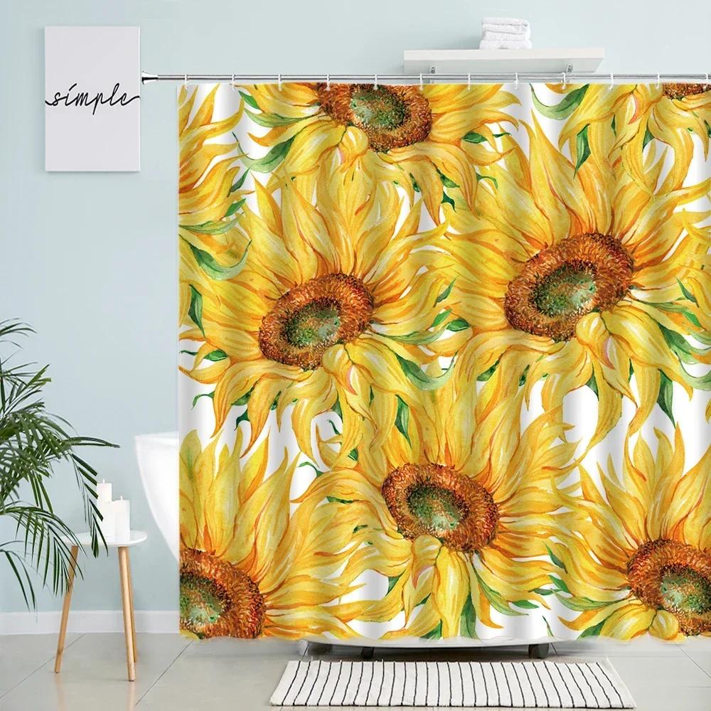 Natural Sunflower Shower Curtains Rural Scenery Floral Yellow Flower Green Leaves Plants Polyester Fabric Bathroom Curtain Decor