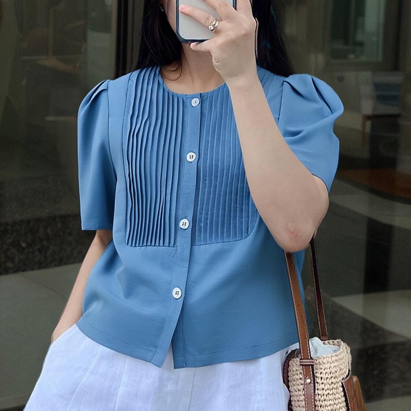 ZANZEA Women Casual Round Neck Summer Short Sleeve Button Blouse