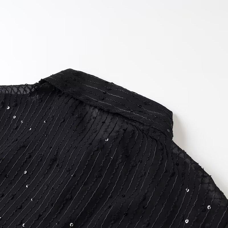 Spring 2025 Women's Fashion European & American Style Sequined Cutout Long-Sleeve Shirt