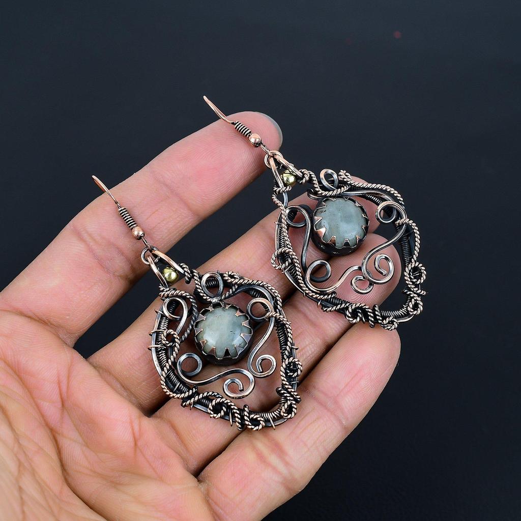Aquamarine 999 Copper Wire Wrapped Earrings, Handmade Gemstone Earrings Jewelry, Gifts For Wife Brand New Earrings