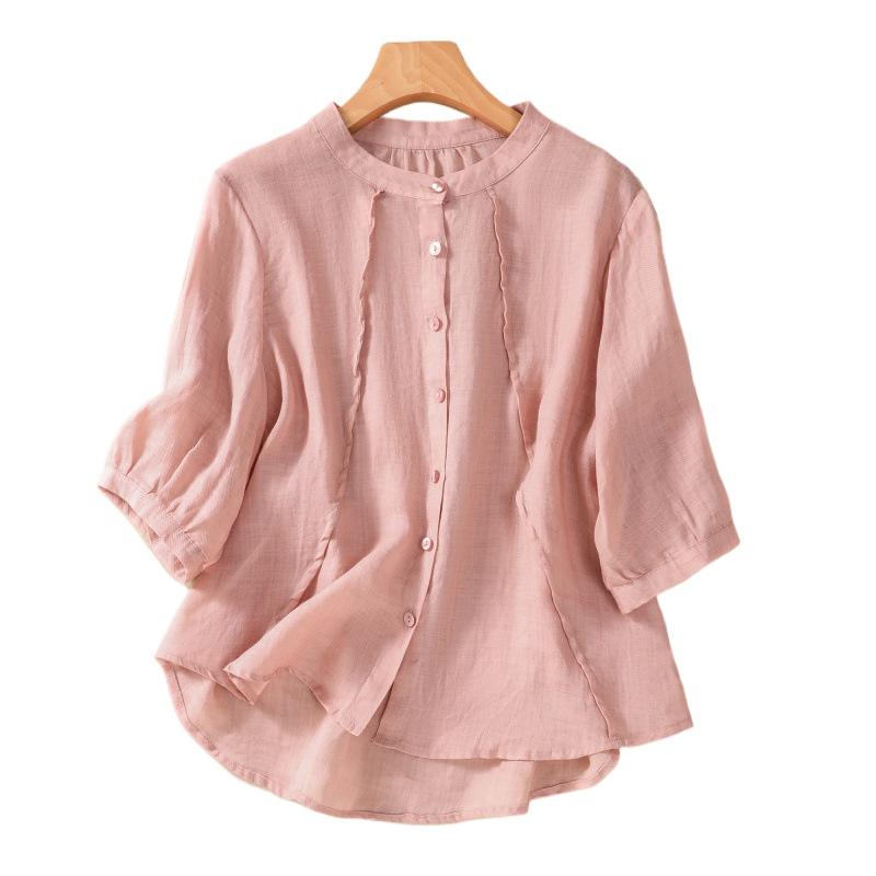 Summer Shirt Art Retro Loose Solid Color Stand Collar Short Sleeve Blouses Women's Shirt Top