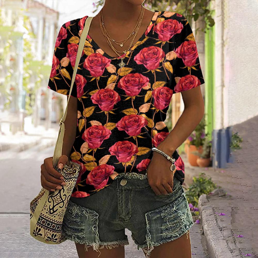 Summer Flower Rose 3D Print T-shirt Women Streetwear Casual T Shirts Y2k Tops Woman Harajuku V-Neck Tees Oversized Clothing