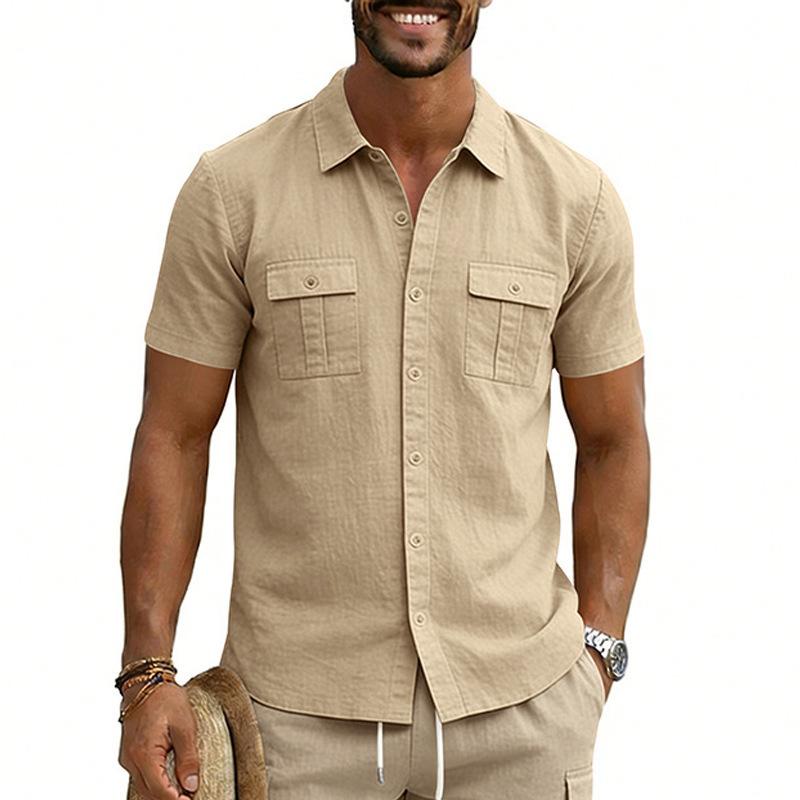 Cotton Linen Shirt Men Pocket Casual Beach Short Sleeve Solid Color Male Tops T-shirts Vintage Streetwear Comfort Casual Shirts