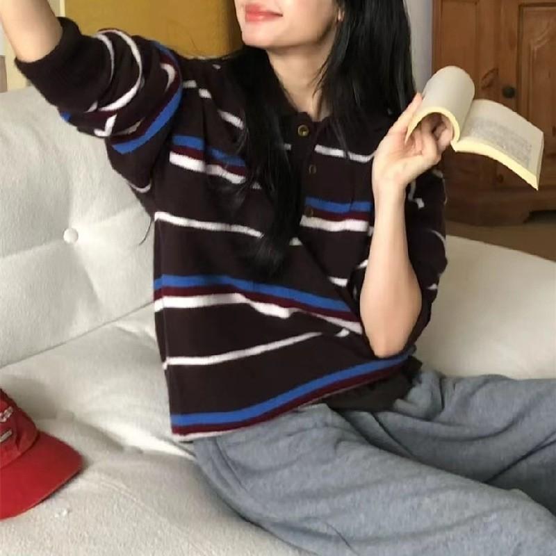 Womens Loose Long Sleeve Polo Neck Knit Sweater Striped Colorblock Casual Top Fall 2025