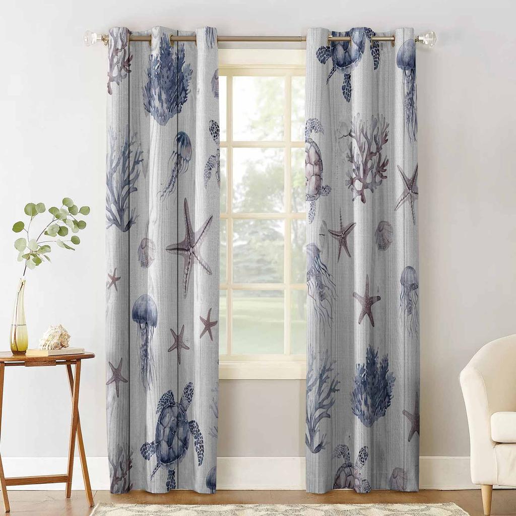 Marine Creatures Turtles Starfish Corals  Jellyfish Blackout Curtains For Living Room Bedroom Window Treatment Drapes Home Decor