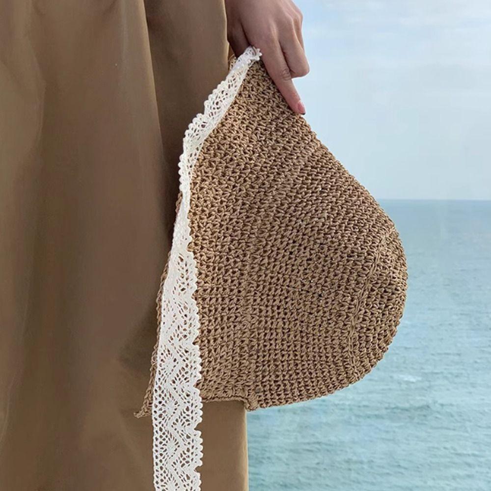 Foldable Lace Trim Hats Sun Protection Straw Sun Visors High Quality Straw Hat  Women Girls