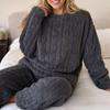 Coral Fleece Jacquard Pajamas Set Women Autumn Winter Fleece Thickened Warm Crew Neck Cable Knit Loungewear Wearable Outside